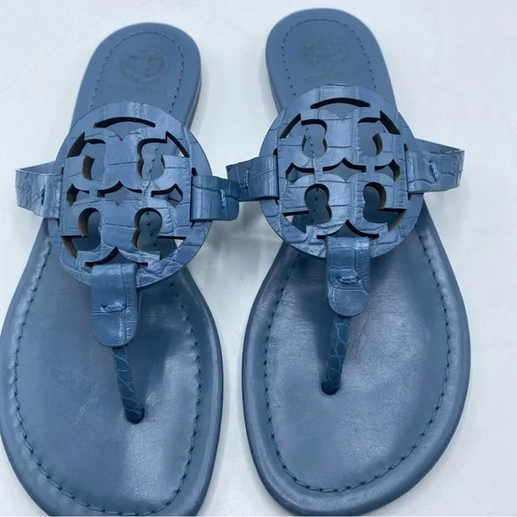 Tory Burch MILLER Leather Thong Sandals Logo Slip On Croc Embossed Women's 6 Blu - Picture 8 of 9